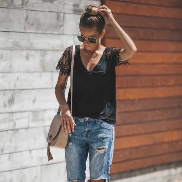 NWT Black Eyelash Lace Sleeve Black V-Neck Top - Picture 5 of 6